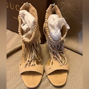 Gucci branded Beige Suede Fringe Heeled Sandals